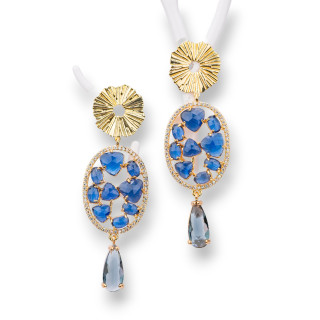 Bronze Stud Earrings With Cat's Eye Cabochon And Zircons And Blue Drops