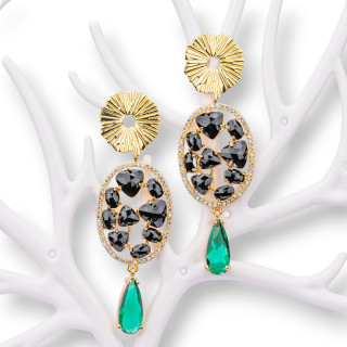 Bronze-Ohrstecker mit Katzenaugen-Cabochon und Zirkonen und Tropfen in Schwarz und Grün