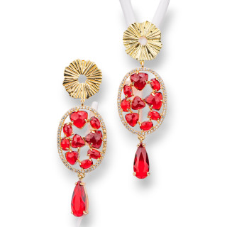 Bronze Stud Earrings With Cat's Eye Cabochon And Zircons And Red Drops