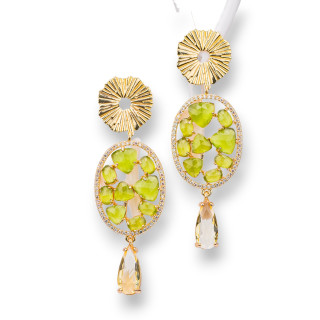 Pendientes De Bronce Con Cabujón Ojo De Gato Y Circonitas Y Gotas De Color Verde Ácido