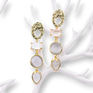 Boucles D'oreilles Puces En Bronze Avec Cristaux Et Oeil De Chat Gris