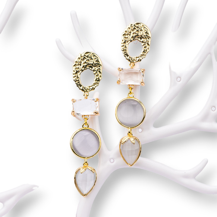 Boucles D'oreilles Puces En Bronze Avec Cristaux Et Oeil De Chat Gris