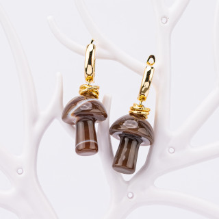 Bronze Stud Earrings With Brown Striped Agate Mushroom Stone Pendants