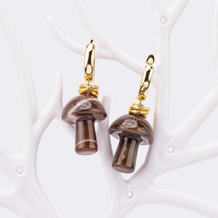 Bronze Stud Earrings With Brown Striped Agate Mushroom Stone Pendants