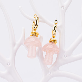 Aretes de bronce con colgantes de piedra en forma de seta de cuarzo rosa