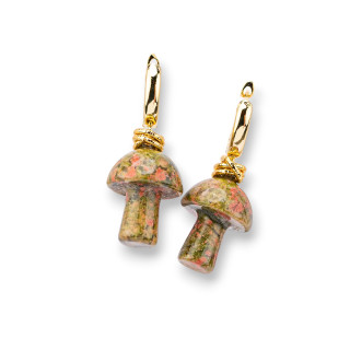 Bronze Stud Earrings With Unikite Mushroom Stone Pendants