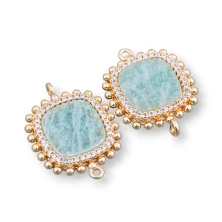 Conector De Componente De Latón Con Piedras Naturales Con 2 Anillos Y Circonitas Cuadradas 19 Mm 6 Piezas Amazonita