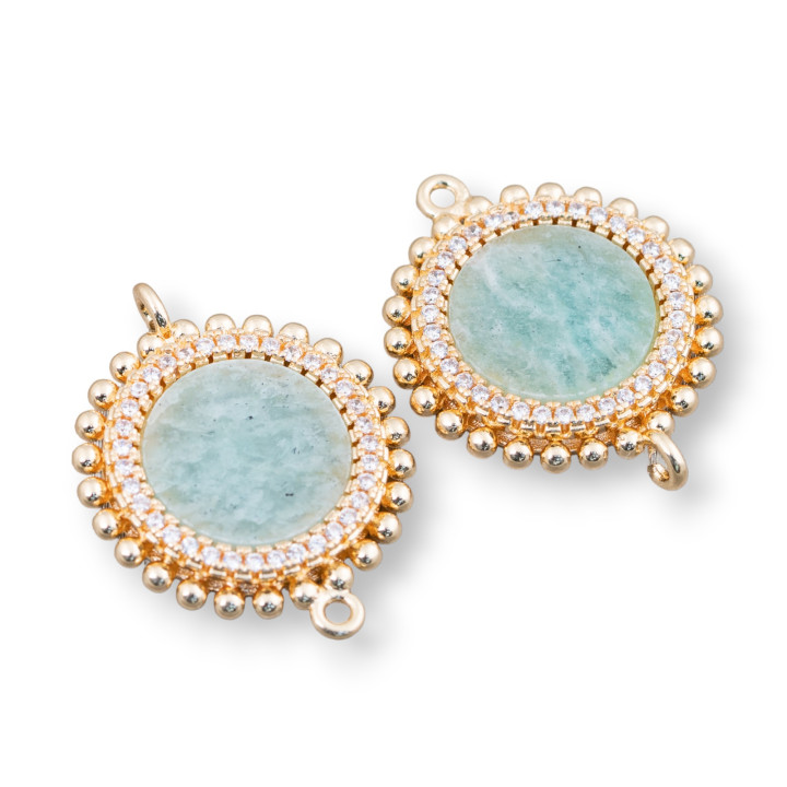Brass Component Connector With Natural Stones With 2 Rings And Round Zircons 20mm 6pcs Amazonite