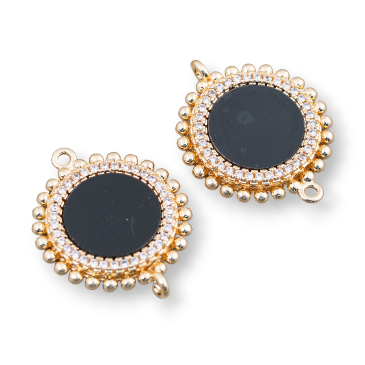 Conector Componente Latón Con Piedras Naturales Con 2 Anillos Y Circonitas Redondas 20mm 6pcs Onyx