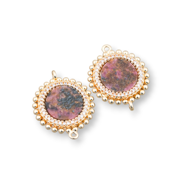 Conector de componente de latón con piedras naturales con 2 anillos y circonitas redondas 20 mm 6 piezas Rodonita oscura