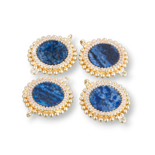 Brass Component Connector With Natural Stones With 2 Rings And Round Zircons 20mm 6pcs Sodalite