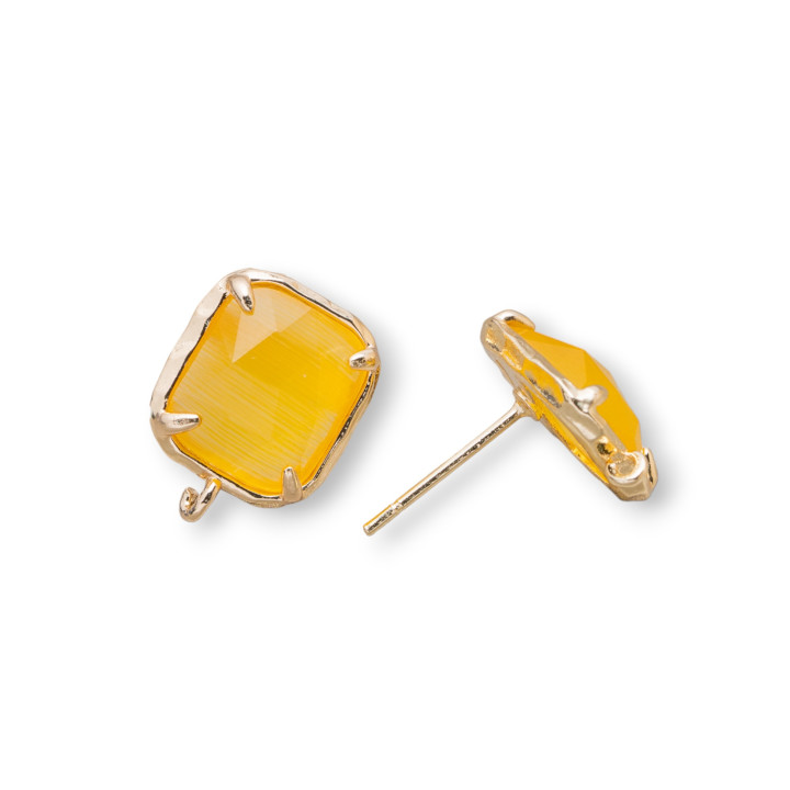 Brass Stud Earring Base with Faceted Cat's Eye Rectangle 10.5x13mm 5 Pairs Yellow