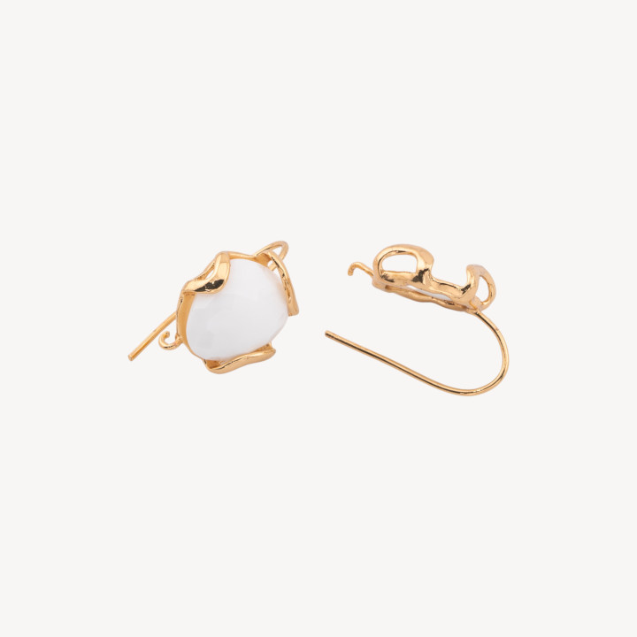 17mm Facette Irrégulier Oeil de Chat Bronze Crochet Boucles d'Oreilles Base 5 Paires Agate Blanche Dorée