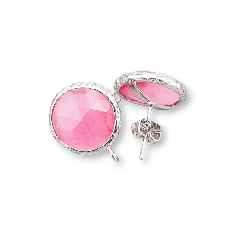 Base Per Orecchini Di Bronzo Con Cristalli Incastonati Tondo 15mm 5 Paia Rodiato Fucsia