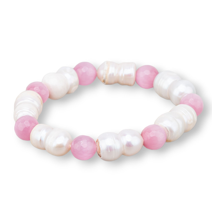 Pulsera Elástica Ojo De Gato De 08 Mm Con Perla De Río Rosa