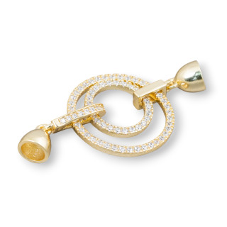 Fermoir en Argent 925 avec Zircons Cercle 45x23mm Coupelles 7mm 1pc Doré