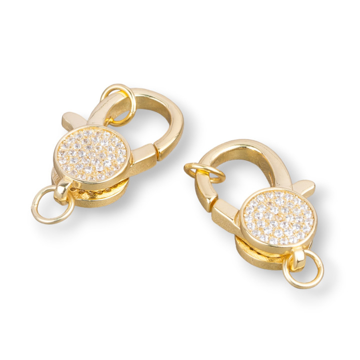Chiusura Di Argento 925 Con Zirconi Micropave' 13x18mm Gancio Moschettone 2pz Dorato