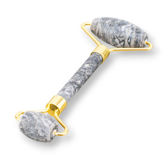 Roller Massager Made of Natural Semi-precious Stones and Fossil Agate Golden Brass