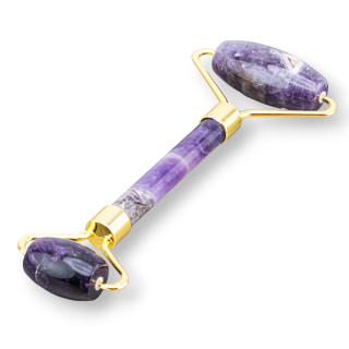 Rollenmassagegerät aus natürlichen Halbedelsteinen und Amethyst-Goldmessing