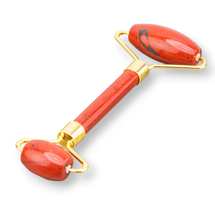 Roller Massager Made of Natural Semi-precious Stones and Golden Brass and Red Jasper