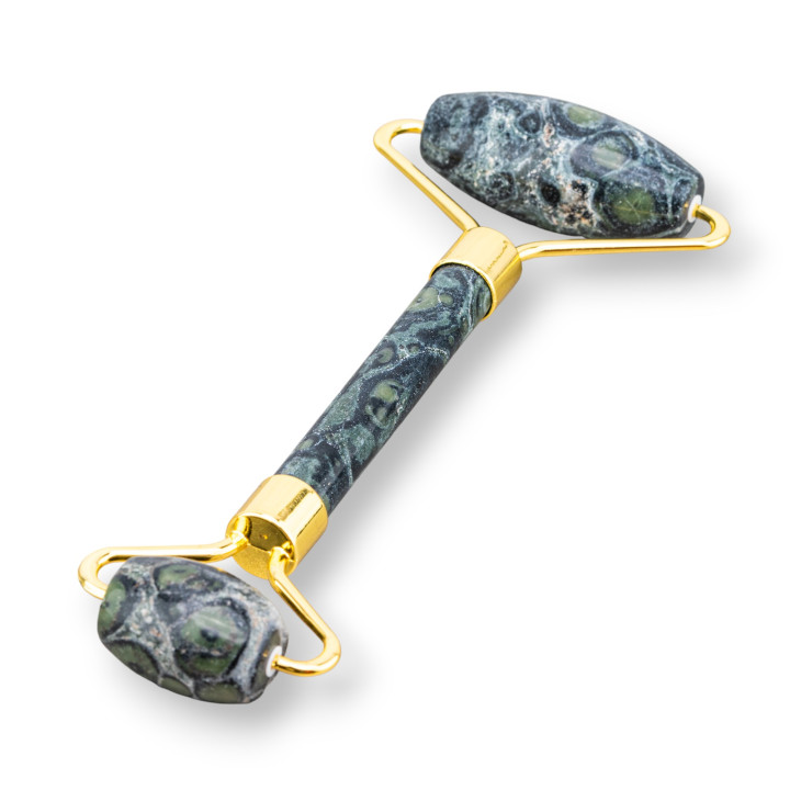 Roller Massager από φυσικές ημιπολύτιμες πέτρες και χρυσό ορείχαλκο, πράσινο ίασπι