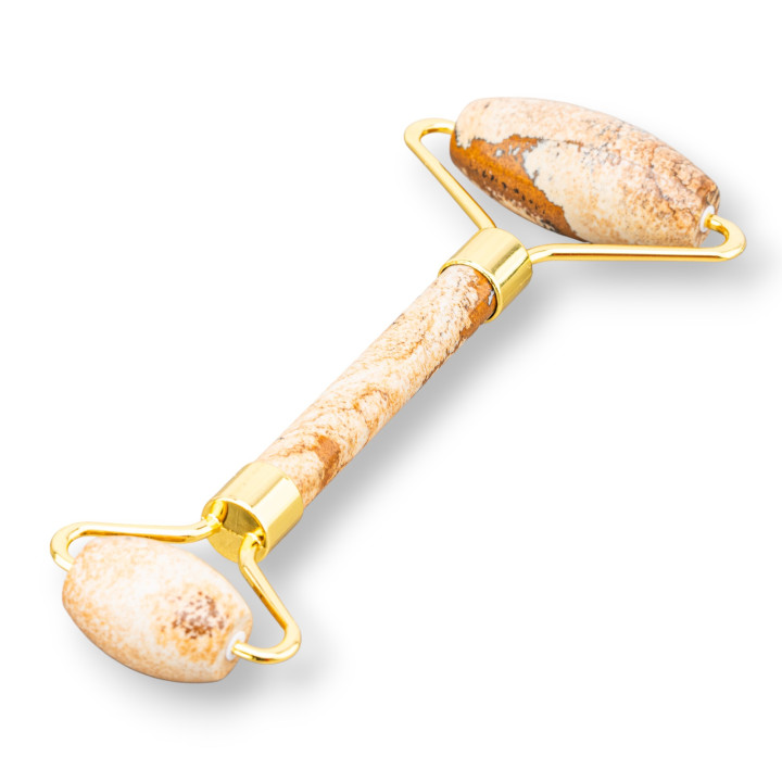 Roller Massager Made of Natural Semi-precious Stones and Golden Brass Pietra Paesena