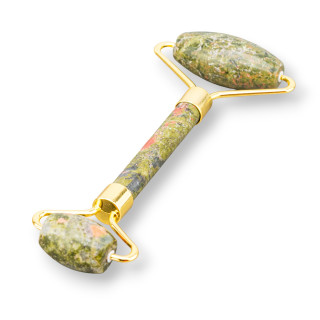 Masajeador con Rodillo de Latón Dorado y Piedra Dura Natural Unakita