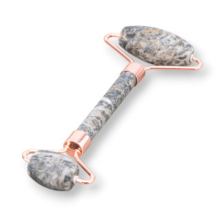 Roller Massager Made of Natural Semi-precious Stones and Rose Gold Brass Fossil Agate