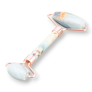 Roller Massager Made of Natural Semi-precious Stones and Amazonite Rose Gold Brass