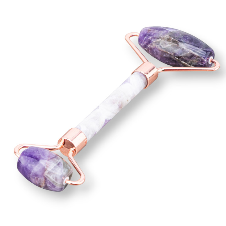 Roller Massager από φυσικούς ημιπολύτιμους λίθους και ορείχαλκο ροζ χρυσό αμέθυστος