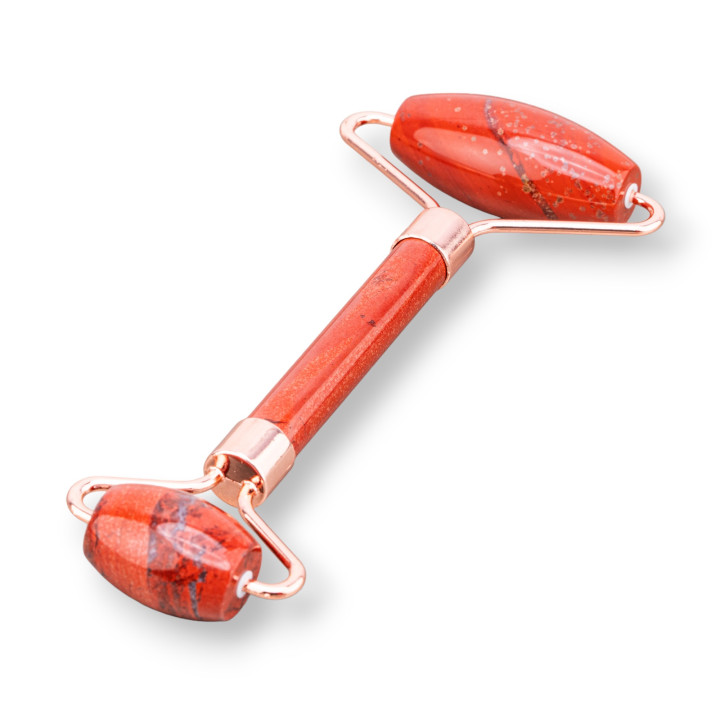 Roller Massager Made of Natural Semi-precious Stones and Brass, Rose Gold, Red Jasper
