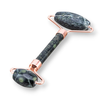 Roller Massager Made of Natural Semi-precious Stones and Brass, Rose Gold, Green Jasper