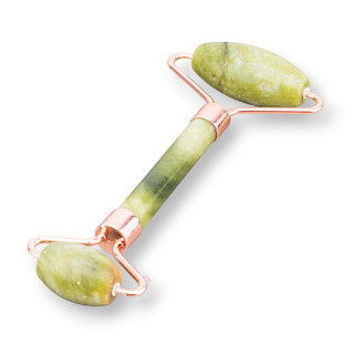 Roller Massager Made of Natural Semi-precious Stones and Rose Gold Brass Canadian Jade
