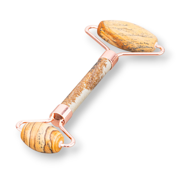 Massaggiatore A Rullo Di Pietre Dure Naturale e Ottone Oro Rosa Pietra Paesina