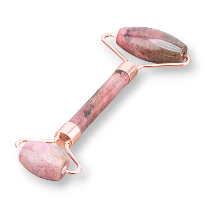Rollenmassagegerät aus natürlichen Halbedelsteinen und Rhodonit-Roségold-Messing