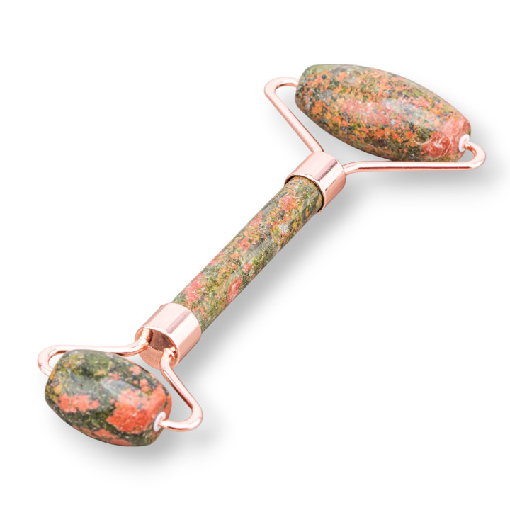 Unakite Natural Hard Stone and Rose Gold Brass Roller Massager