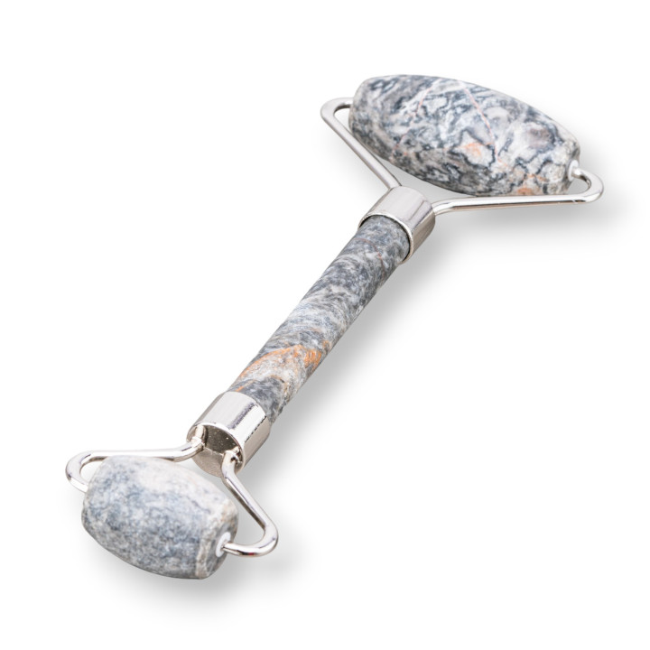 Roller Massager Made of Natural Semi-precious Stones and Rhodium-plated Brass Fossil Agate