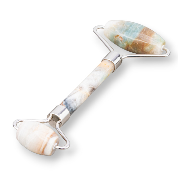 Roller Massager Made of Natural Semi-precious Stones and Amazonite Rhodium-plated Brass
