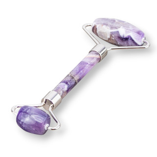 Roller Massager Made of Natural Semi-precious Stones and Amethyst Rhodium-plated Brass