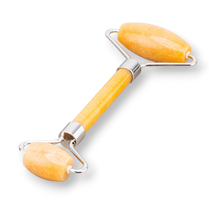 Roller Massager Made of Natural Semi-precious Stones and Calcite Rhodium-plated Brass