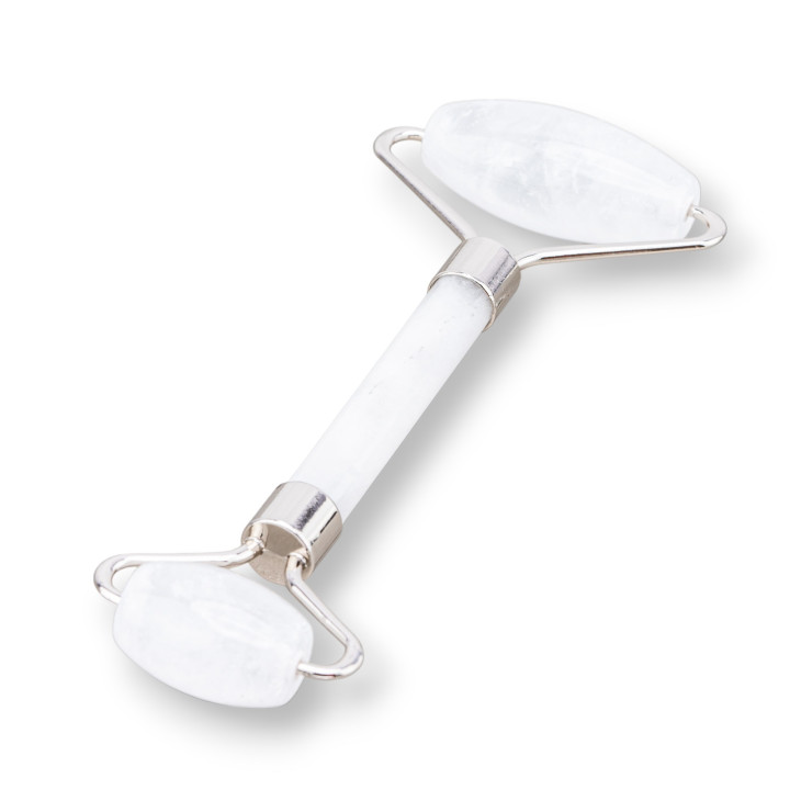 Roller massager made of natural hard stones and rhodium-plated brass and rock crystal