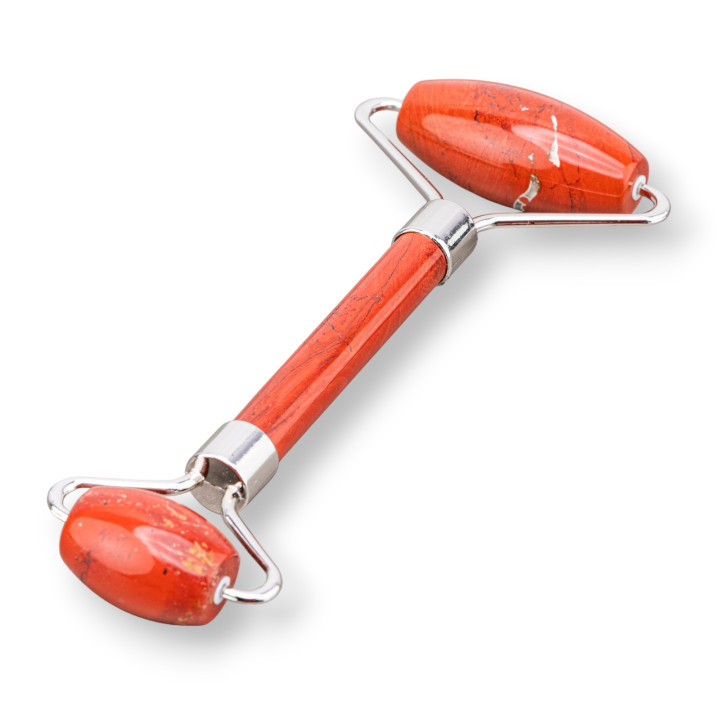 Roller Massager Made of Natural Semi-precious Stones and Rhodium-plated Brass and Red Jasper