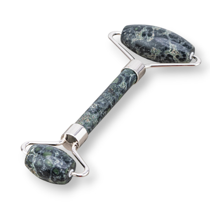 Roller Massager Made of Natural Semi-precious Stones and Rhodium-plated Brass, Green Jasper