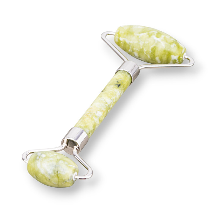 Roller Massager Made of Natural Semi-precious Stones and Rhodium-plated Brass Canadian Jade