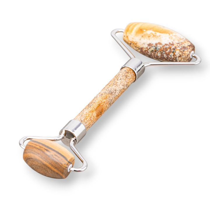 Rollenmassagegerät aus natürlichen Halbedelsteinen und rhodiniertem Messing. Pietra Paesena