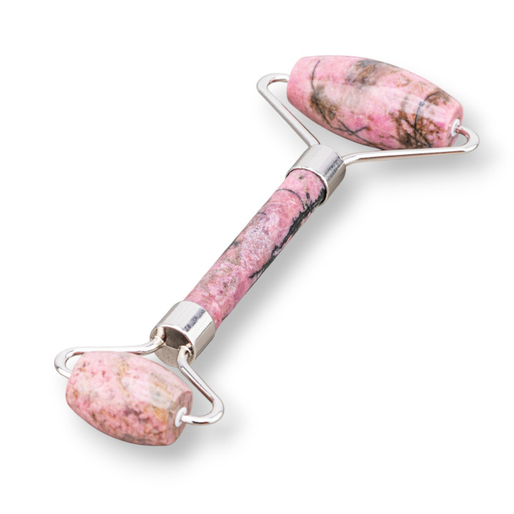 Roller massager made of natural semiprecious stones and rhodium-plated brass