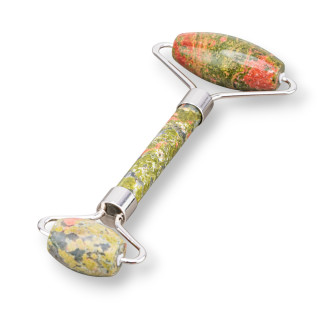 Roller massager made of natural semiprecious stones and unakite rhodium-plated brass