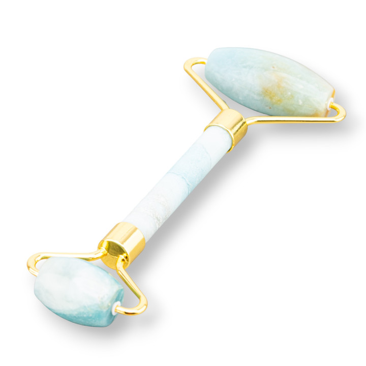 Roller Massager Made of Natural Semi-precious Stones and Amazonite Golden Brass