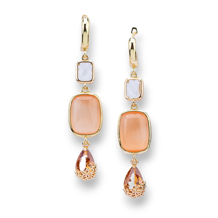 Boucles D'oreilles Puces Bronze Avec Zircons Et Oeil De Chat 14x65mm Pêche