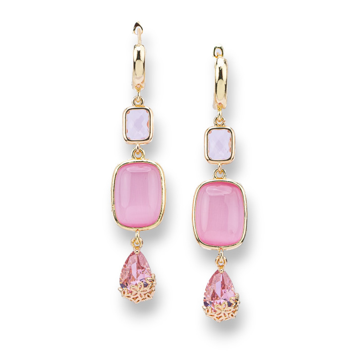 Boucles D'oreilles Puces Bronze Avec Zircons Et Oeil De Chat 14x65mm Rose